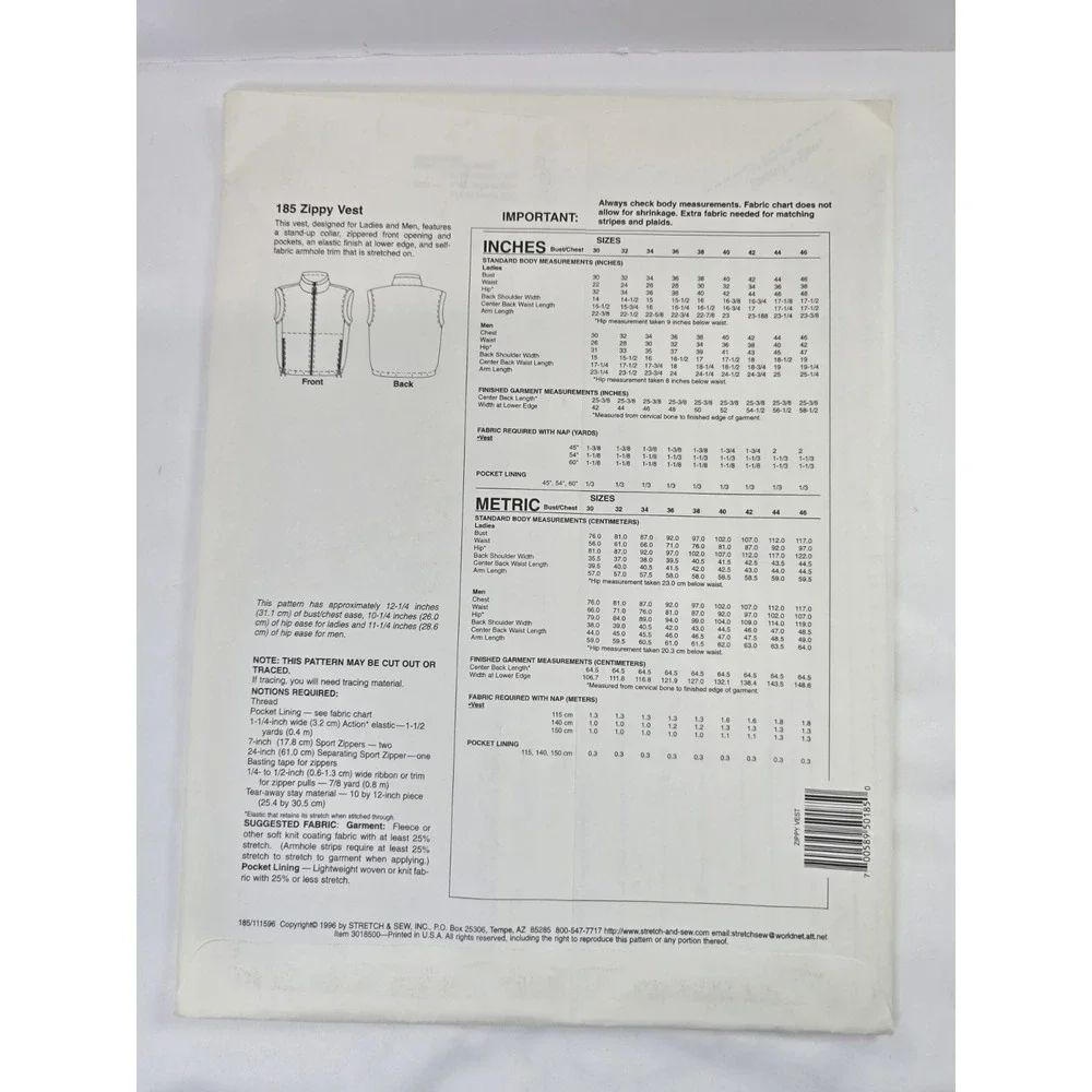 Vintage 1990s Stretch & Sew Ann Person Sewing Patterns 185 - Zippy Vest
